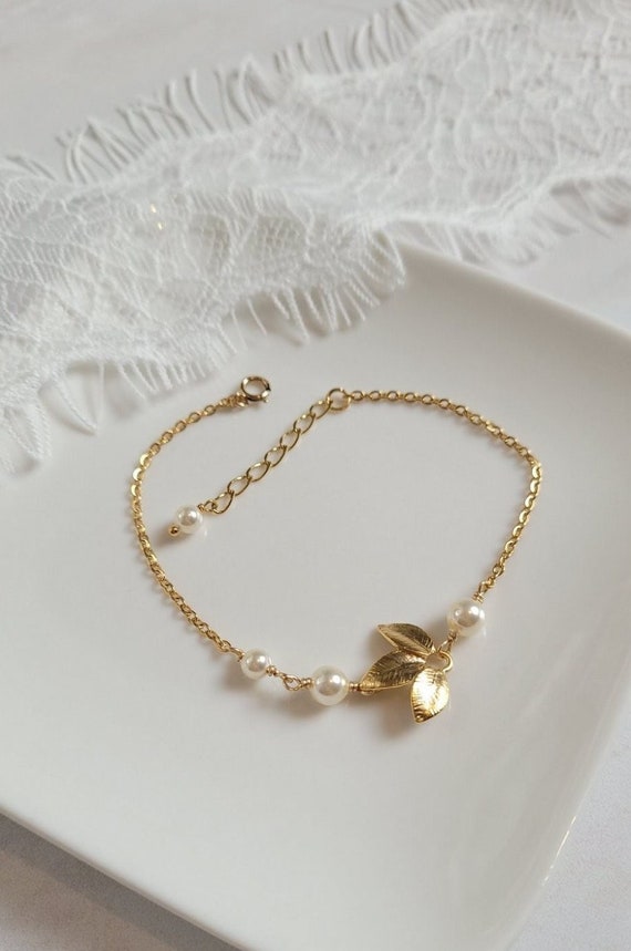 ZEN Pulsera nupcial estilo boho o country con hojas y cuentas