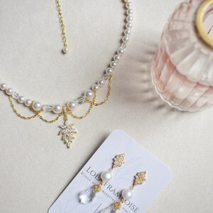 ROMY - a glamorous Bridgerton-style wedding necklace with mother-of-pearl and crystal beads, cascading chains, and a rhinestone pendant image 10