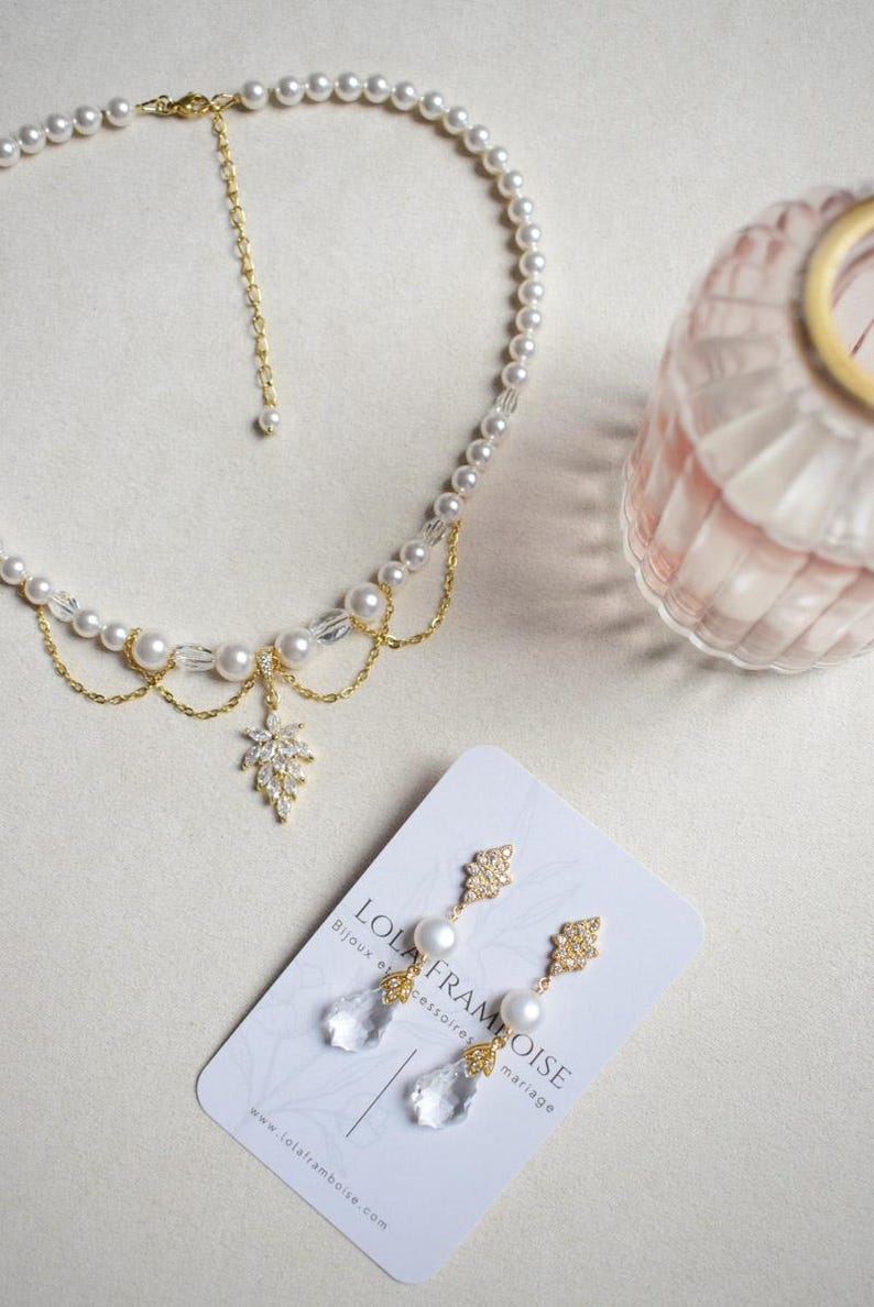 ROMY - a glamorous Bridgerton-style wedding necklace with mother-of-pearl and crystal beads, cascading chains, and a rhinestone pendant image 10