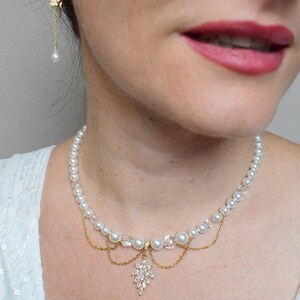 ROMY - a glamorous Bridgerton-style wedding necklace with mother-of-pearl and crystal beads, cascading chains, and a rhinestone pendant image 3