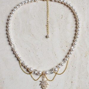 ROMY - a glamorous Bridgerton-style wedding necklace with mother-of-pearl and crystal beads, cascading chains, and a rhinestone pendant image 5