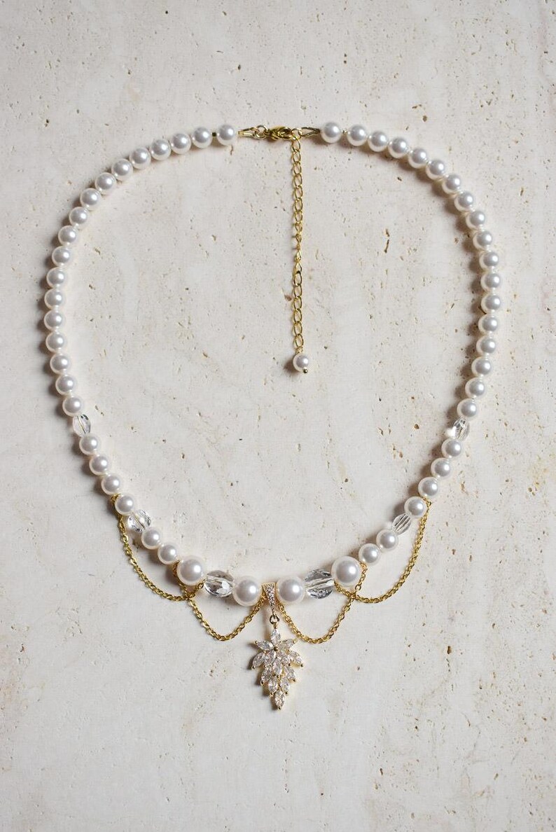 ROMY - a glamorous Bridgerton-style wedding necklace with mother-of-pearl and crystal beads, cascading chains, and a rhinestone pendant image 5