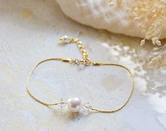 DITA - Bracelet de mariée simple et minimaliste avec une perle nacrée et des cristaux transparents - Bijoux mariage simples