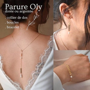 PARURE OLY 3 bijoux collier de dos court, bracelet, boucles, parure de mariage bohème chic image 1