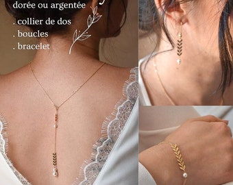 OLY SET - Conjunto de novia boho chic de 3 joyas con espalda corta, collar, pulsera, pendientes