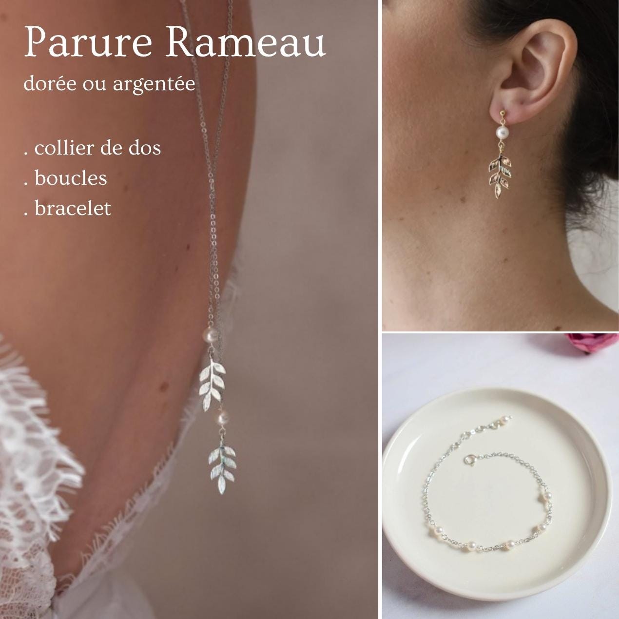 Parure Rameau – Collier de dos, bracelet et boucles d’oreilles
