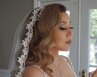 Lace Mantilla Wedding Veil: White or Ivory Bridal Veil, Fingertip, Waltz to Cathedral Length