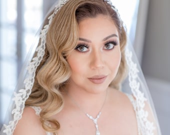 Mantilla Lace Cathedral Wedding Veil: Soft White or Ivory Lace Edging, Fingertip, Floor Lengths