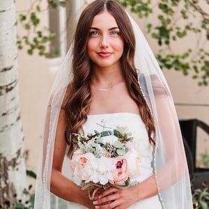 Beaded Wedding Veil with Pearls Crystals Fingertip to Cathedral Soft Tulle