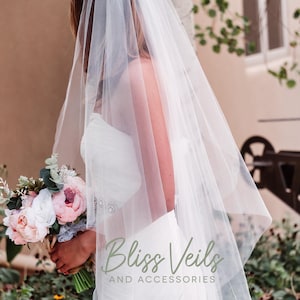 May include: A bride in a white wedding dress and veil holds a bouquet of pink, white, and green flowers. The veil is sheer and flowing, and the dress has a simple, elegant design. The text "Bliss Veils AND ACCESSORIES" is visible.