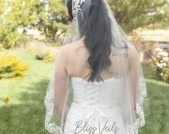 Lace Trim Mantilla Wedding Veil:  36&quot; Fingertip Length, Ivory or Soft White