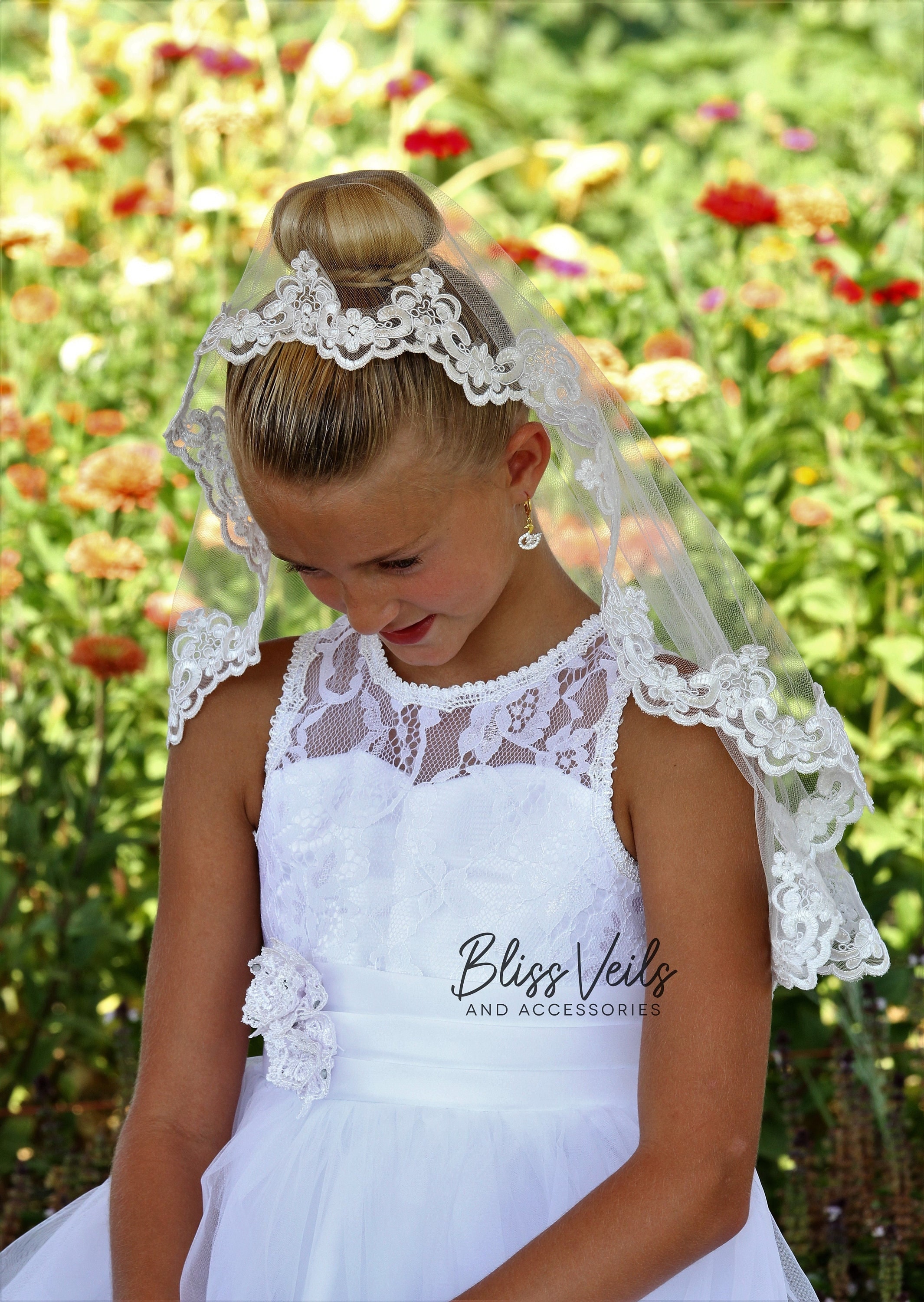 First Communion Veil, Floral & Rhinestone, 2-Tiered, Corded Veil