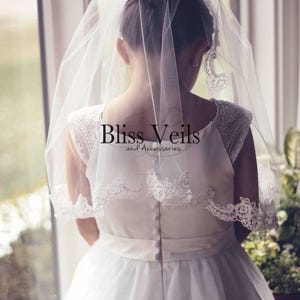 May include: A white tulle veil with a lace trim. The veil is worn by a person with their hair pulled back in a bun. The veil is for a special occasion, such as a wedding or communion.