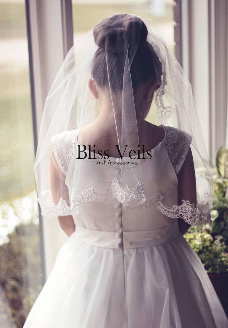 May include: A white tulle veil with a lace trim. The veil is worn by a person with their hair pulled back in a bun. The veil is for a special occasion, such as a wedding or communion.