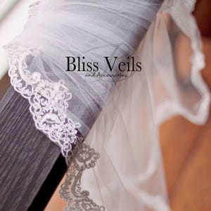 May include: A white bridal veil with a delicate lace trim. The veil is draped over a dark wooden surface. The text "Bliss Veils and Accessories" is visible in the center of the image.