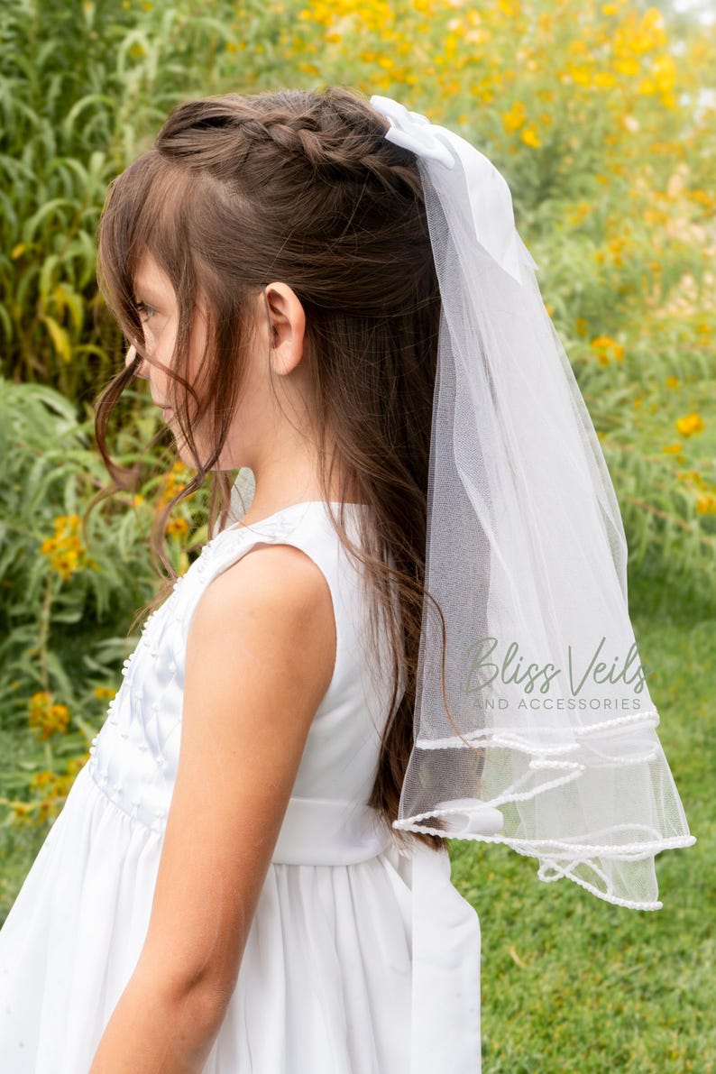 White communion veil with scattered pearl edge