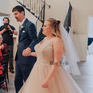 Classic ivory or blush wedding veil with blusher, soft tulle two-tier design and clean edge