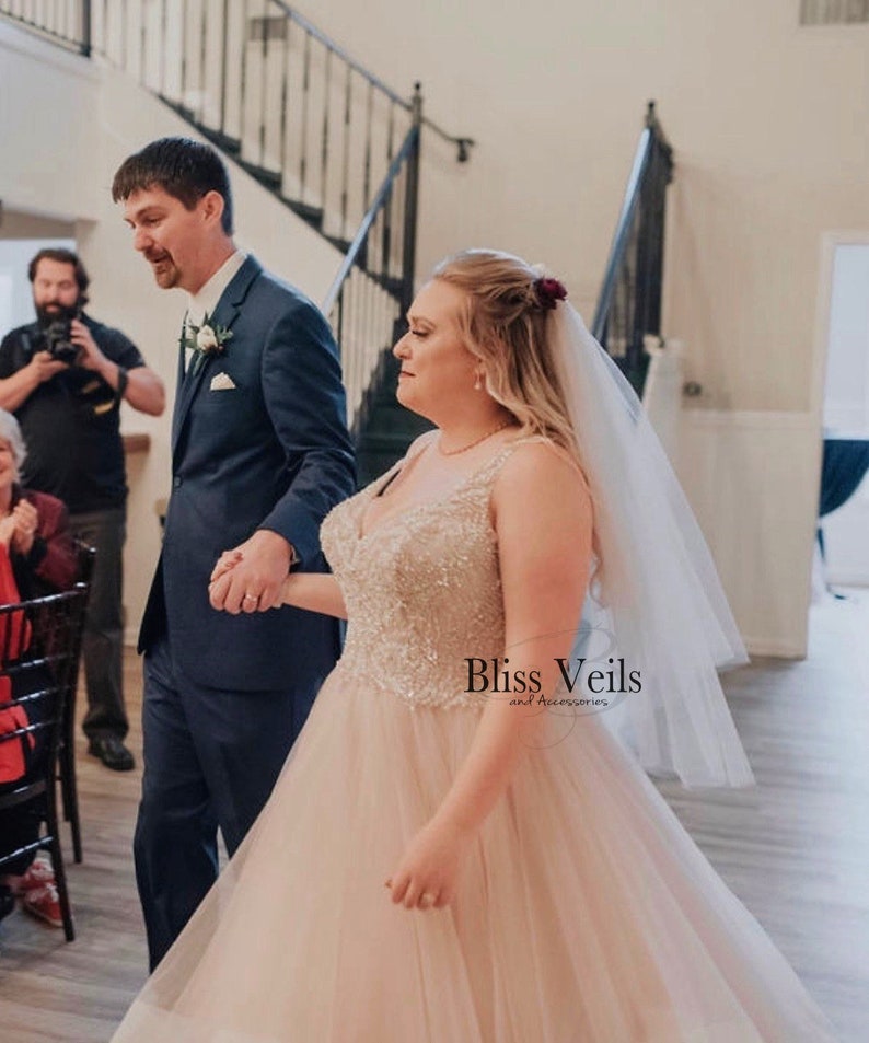 Classic ivory or blush wedding veil with blusher, soft tulle two-tier design and clean edge