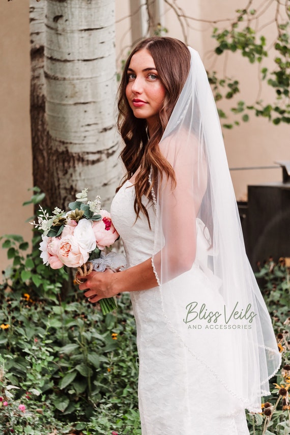 Pearl Beaded Fingertip Wedding Veil Soft Sheer Tulle One  display picture 3