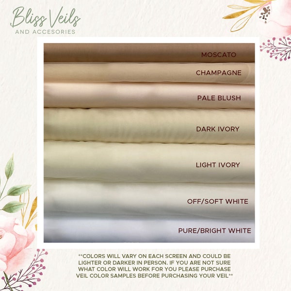 Wedding Veil Color Samples - White - Light Ivory - Dark Ivory - Off White - Blush - Champagne - Moscato - Light Pink