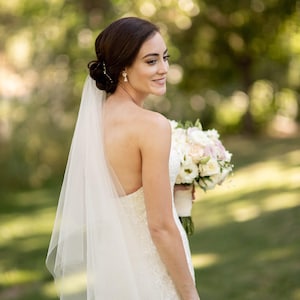 May include: A sheer white bridal veil attached to a dark hair updo, paired with a strapless white textured gown and a bouquet of white and light pink flowers. The text Bliss Veils and Accessories is visible at the bottom of the image.