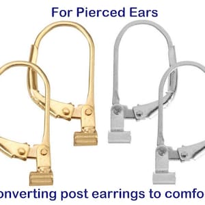 May include: Two pairs of earring converters for pierced ears. One pair is gold and the other is silver.  The converters are designed to convert post earrings to clip-on earrings.  "Converting post earrings to comfort!"