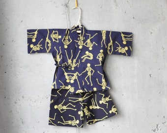 2-4 yr KIDS KIMONO jinbei || Japanese casual kimono || skull navy yellow || summer resort shirt + pants set-up