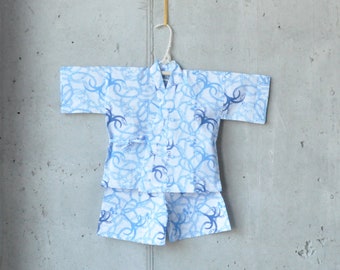 2-4 yr KIDS KIMONO jinbei || Japanese casual kimono || blue anchor || summer resort shirt + pants || hand-dyed cotton