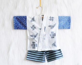 2-4 yr KIDS KIMONO jinbei || Japanese casual || origami + blue stripe || summer resort shirt + pants, set-up, gift || hand-dyed cotton