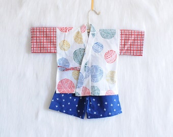 2-4 yr KIDS KIMONO jinbei || Japanese casual kimono || red plaid + colorful balls + star || summer shirt + pants || hand-dyed cotton
