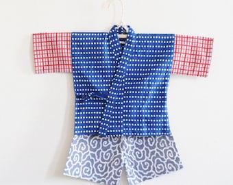 2-4 yr KIDS KIMONO jinbei || Japanese casual kimono || blue + polka dots + red plaid || gift + summer resort shirt + pants || cotton