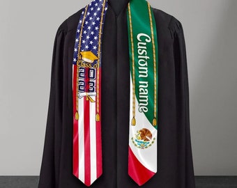 Gepersonaliseerde gemengde twee vlag afstudeerstola, Mexicaanse afgestudeerde stola 72in, afstudeercadeau idee, Grad stole, afstudeersjerp klasse van 2024