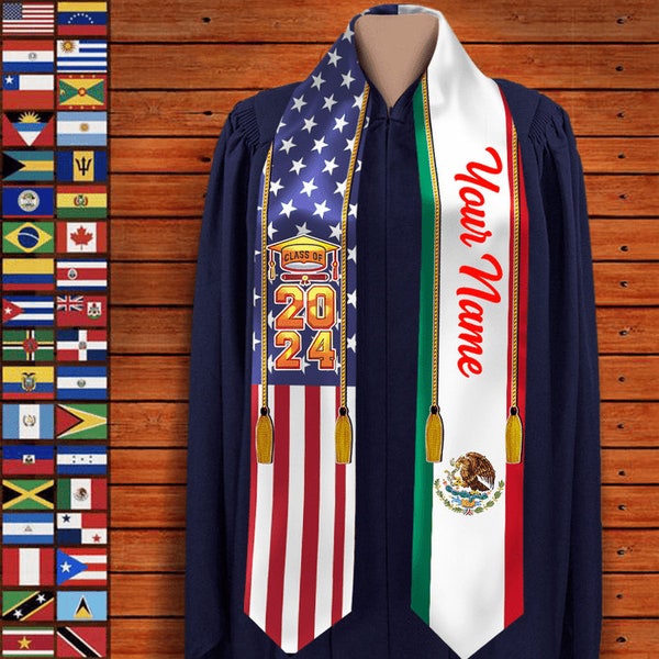 Personalized Mixed Two Flag Graduation Stole, Mexican Graduate Stoles 72in, Graduation Gift Idea, Grad Stole, Graduation Sash Class Of 2024