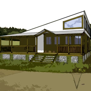 Op de afbeelding: Een illustratie van een modern huis met een veranda en een uniek schuin dak. Het huis is geschilderd in tinten bruin en wit, met een groot raam op de bovenverdieping. De veranda heeft een reling en wordt ondersteund door houten palen. Het huis is omgeven door groen gras en bomen.