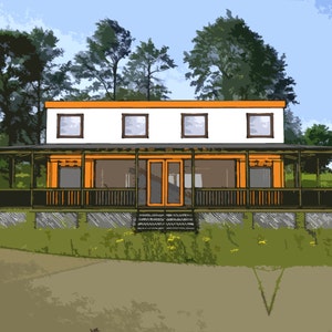 Può includere: Illustrazione di una casa a due piani con portico. La casa ha un esterno bianco con finiture arancioni e un tetto scuro. Il portico ha una ringhiera e supporti. Lo sfondo presenta alberi e cielo blu.