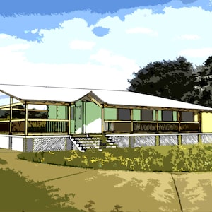 Op de afbeelding: Illustratie van een eenlaagswoning met een veranda en een wit dak. Het huis heeft een lichtgroene buitenkant met verschillende ramen en een trap naar de voordeur. De achtergrond toont een blauwe lucht met wolken en bomen.