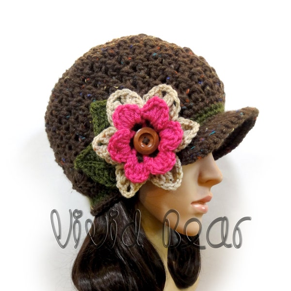 Crochet Newsboy Cap. 44 colors. Flower with wooden button and leaves. Beanie. Women's Hat. Warm Winter Accessory.