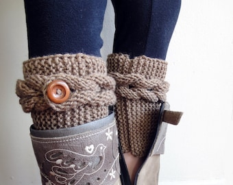 Knit Boot Cuffs. Cable Boot Toppers. Braids with Buttons. Coffee Latte Brown 44 Different colors. Fashion Leg Warmers for Women and Teens.