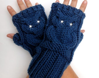 Tejer guantes sin dedos de buho Cable. Colores azules o 44. Calentadores de brazos. Búho de ojos de cristal. Accesorio de invierno para mujeres y adolescentes. Pun ¢ os del brazo.