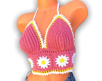 Daisy Crochet Halter Top.  Dark rose Pink or many different colors. Music Festival Wear Midriff Yoga Hooping Rave Top. Crop top. Crochet bra