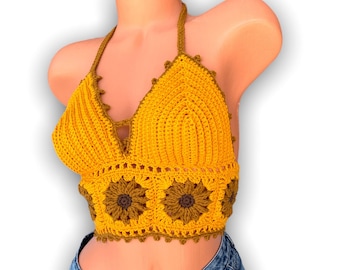 Sunflower Crochet Halter Top. Honey or many different colors. Music Festival Wear Midriff Yoga, Hooping, Rave Top. Crop top. Crochet bra.