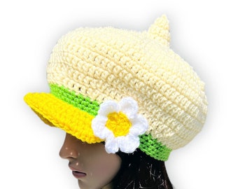 Crochet Lemon Meringue Newsboy Cap for Adult.  Hat with a Visor. Halloween Costume. Costume party. Lemon Meringue Photo Prop.