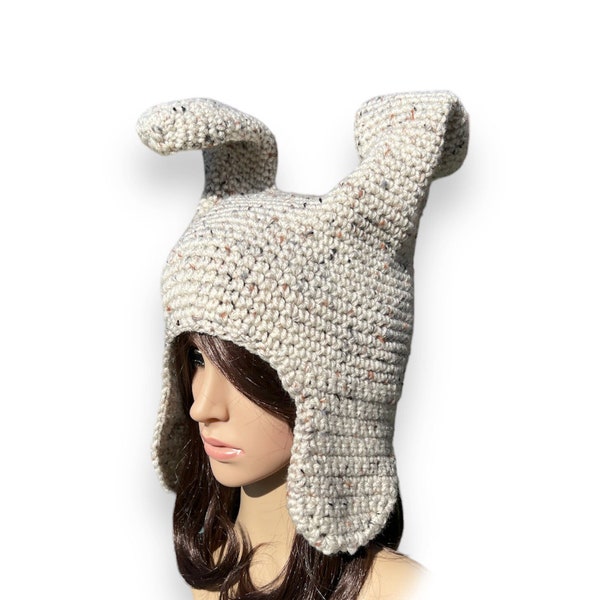 Crochet Bunny Ears Earflap Hat. Ivory Fleck or more colors. Curly Hat from "Peter Pan & Wendy". Cosplay Cap. Halloween Costume. Photo Prop.