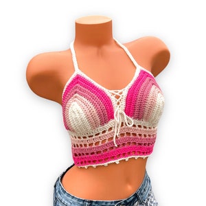 Striped Crochet Halter Top. Pink shades or different colors. Crop Top. Festival Crochet Top.