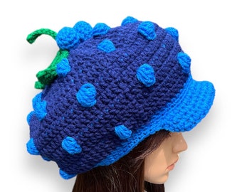 Crochet Blueberry Muffin Newsboy Cap for Adult.  Hat with a Visor. Halloween Costume. Costume party. Blueberry Photo Prop.