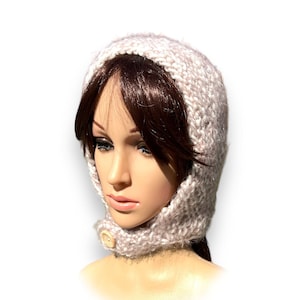 Hand Knit Cap. Oatmeal Beige Color. Modern Women&#39;s Bonnet with a Button. Winter Hat.