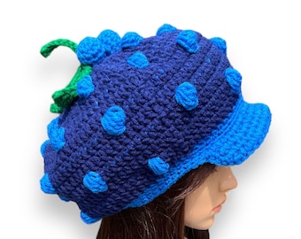 Crochet Blueberry Muffin Newsboy Cap for Adult.  Hat with a Visor. Halloween Costume. Costume party. Blueberry Photo Prop.