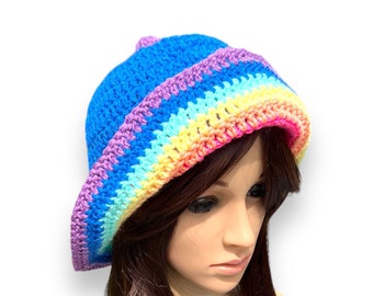 Crochet Rainbow Sherbet Cloche Hat for Adult.  Brimmed Rainbow Hat. Halloween Costume. Costume party. Rainbow Sherbet Photo Prop.