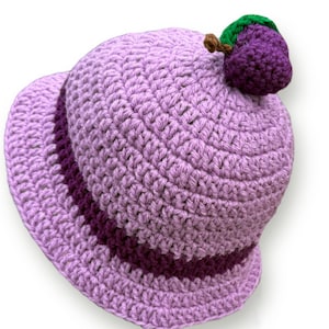 May include: A purple crocheted bucket hat with a purple and green crocheted plum on top.
