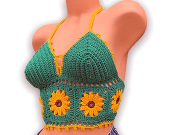 Girasol Ganchillo Halter Top. Verde o muchos colores diferentes. Festival de Música Wear Midriff Yoga, Hooping, Rave Top. Crop top. Sujetador de ganchillo.
